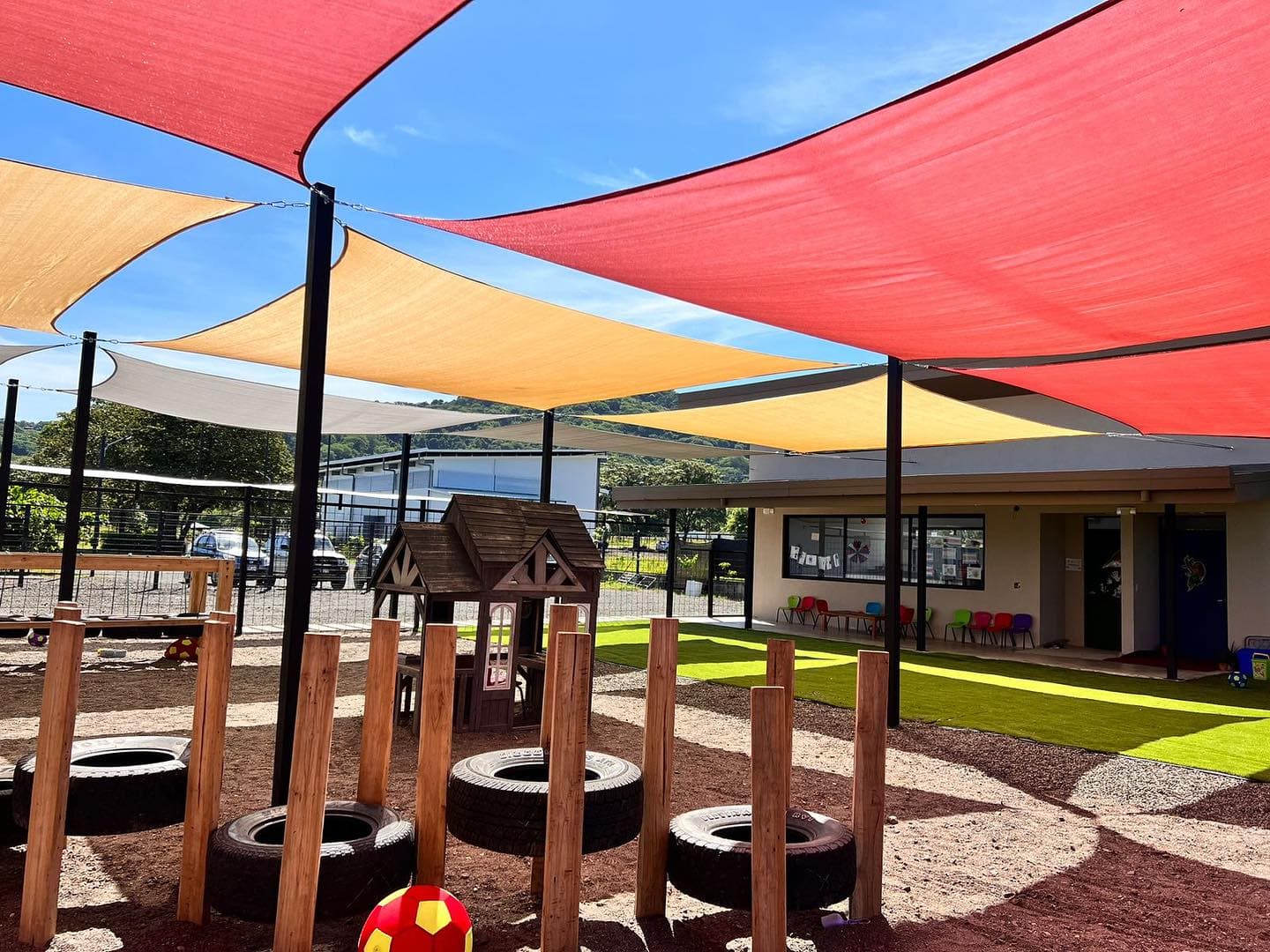Colorful playground with shade sails